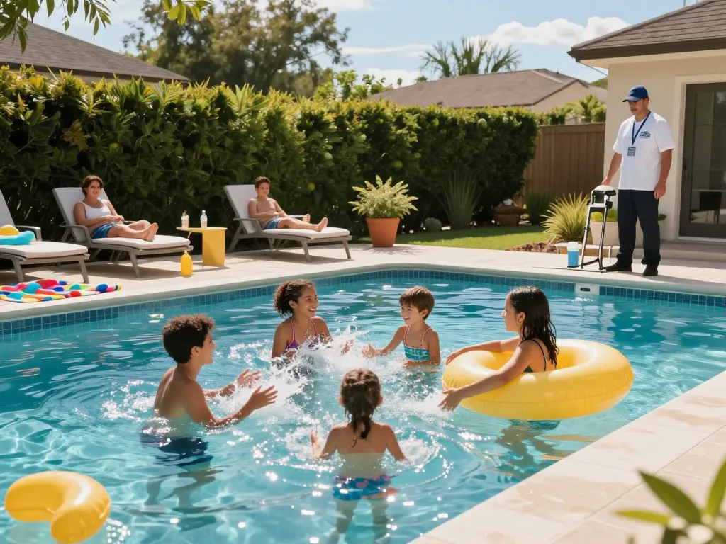 Dolphin Pool Services maintaining a vibrant family swimming pool in Virginia, showcasing cheerful moments by the water.