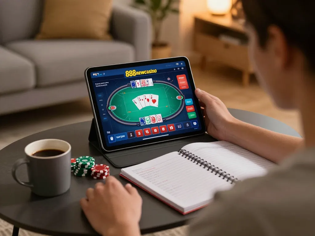 Engaging moment with 888newcasino as player enjoys online poker from home