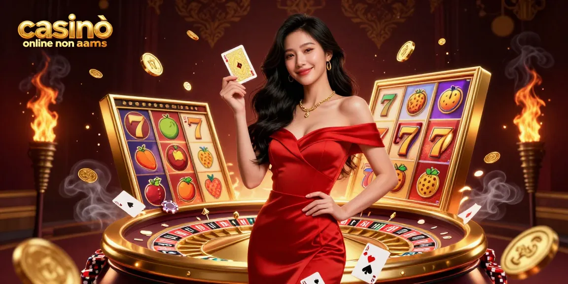 Esplora casinò online non AAMS con una splendida donna asiatica in una scena di casinò, mentre tiene una carta accanto a una ruota della roulette.