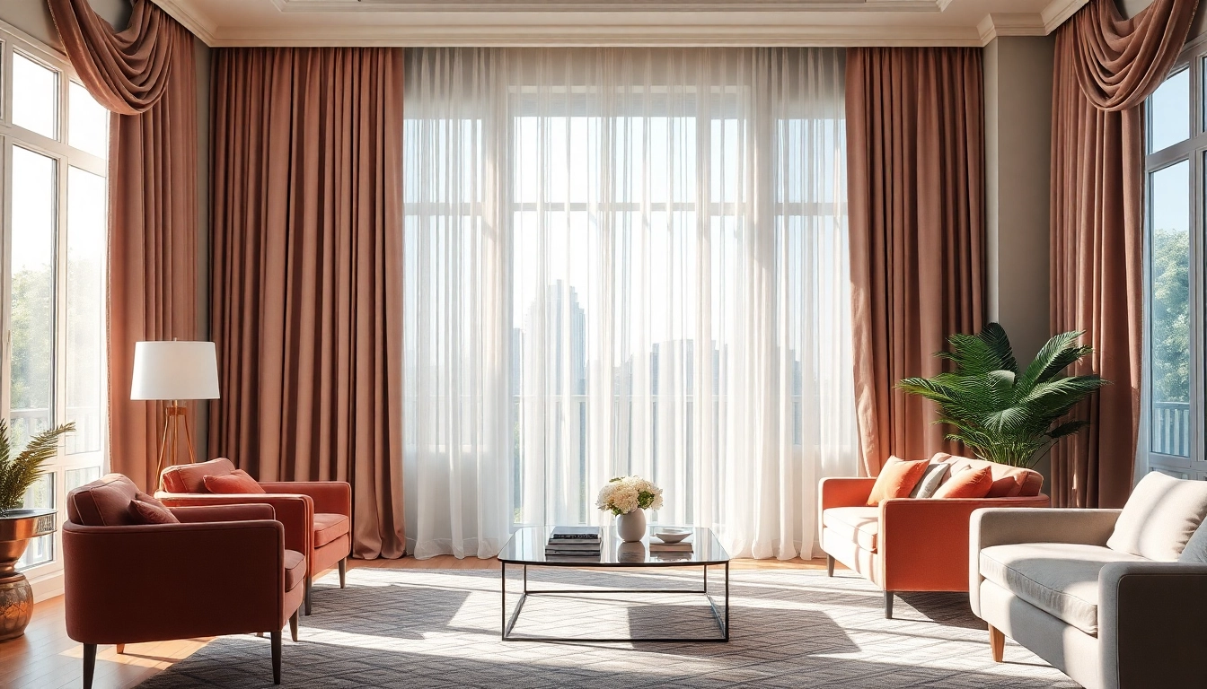 Verken luxe gordijnstof in een elegante woonkamer setting met zachte, natuurlijke verlichting.