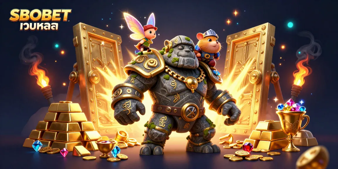 SBOBET เว็บหลัก showcases a vibrant fantasy scene with a stone golem guardian, sparkling treasures, and magical elements.