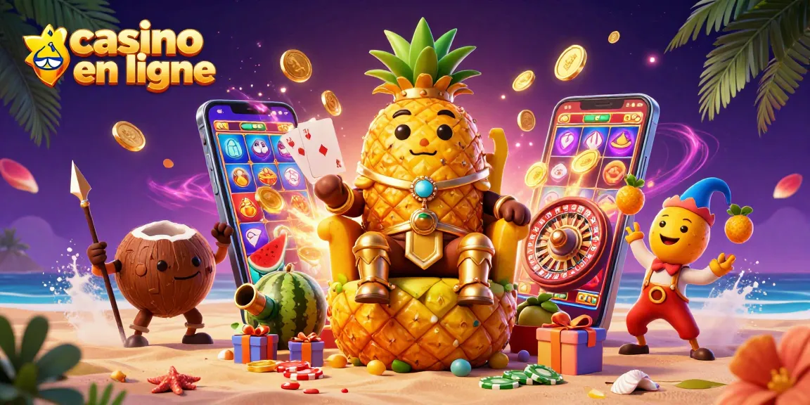 Jouer sur un casino en ligne captivant avec le roi ananas et ses gardes sur un fond vibrant.