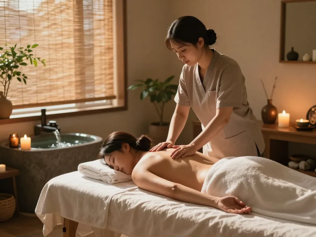 촛불과 실내 식물과 같은 휴식 요소를 강조한 평화로운 치평동마사지 장면이 있는 고요한 스파 환경.