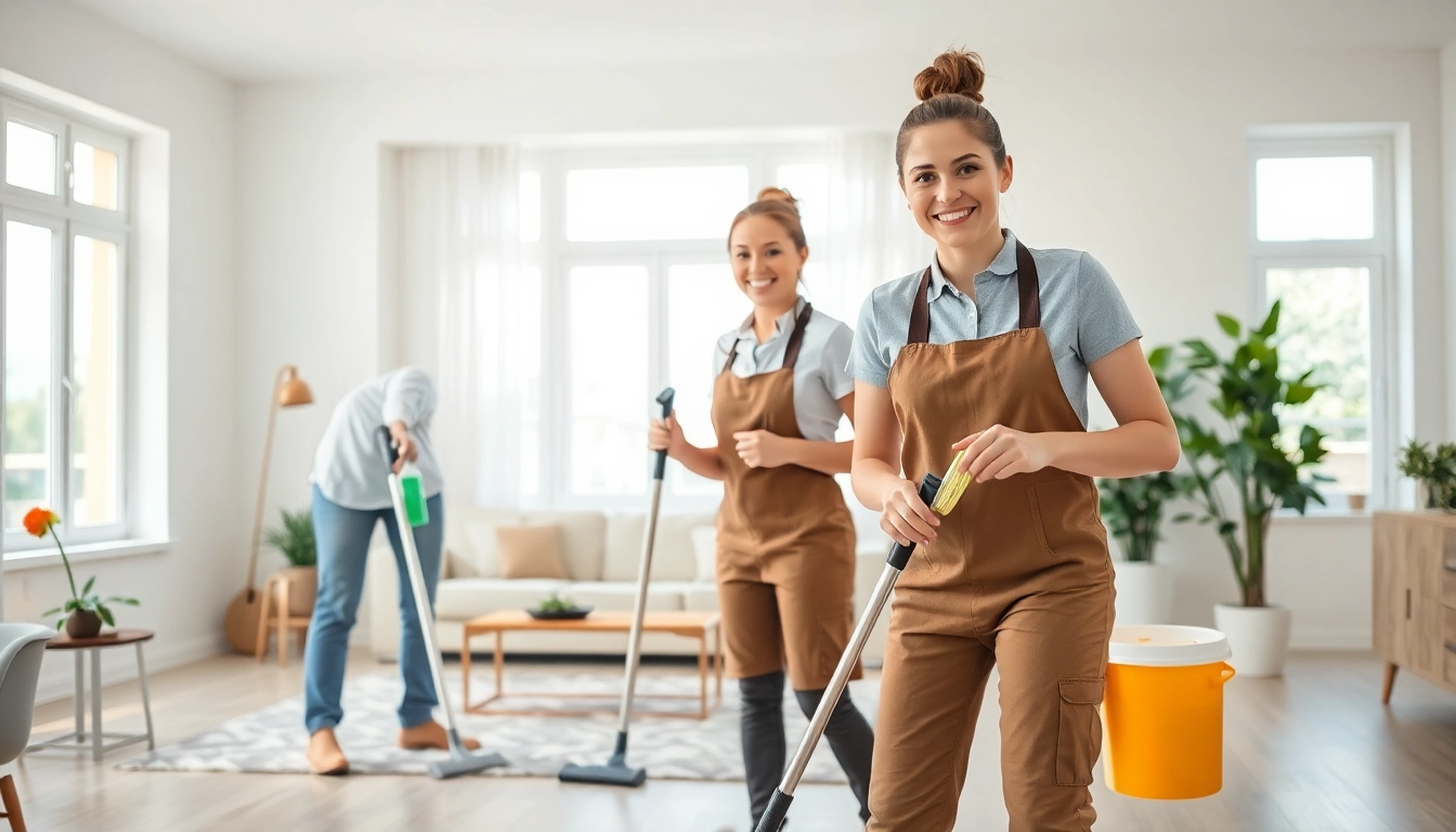 Cleaning Service professionals efficiently tidying a bright and modern home environment.