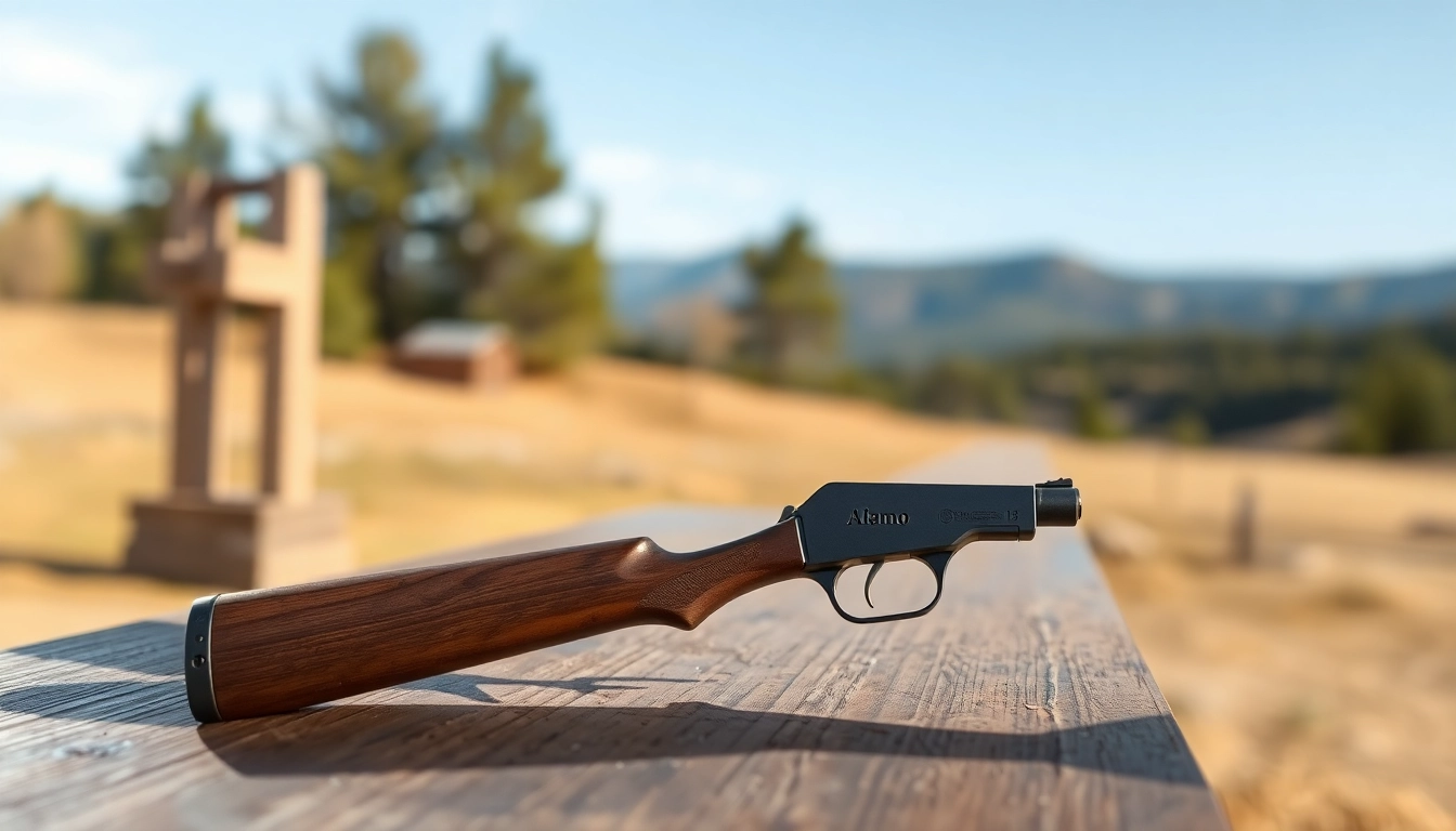 Alamo 15 trigger displayed on a wooden shooting bench in an outdoor setting, emphasizing craftsmanship.