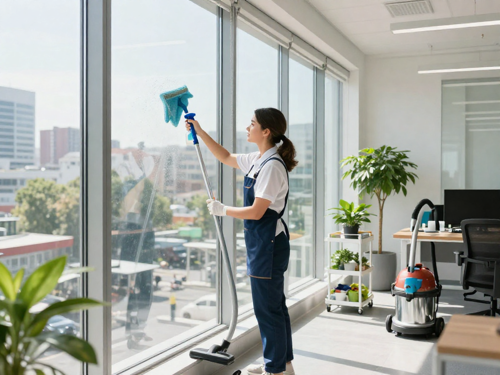 Professionelle Gebäudereinigungsfirma in Dortmund reinigt Fenster mit umweltfreundlichen Produkten.