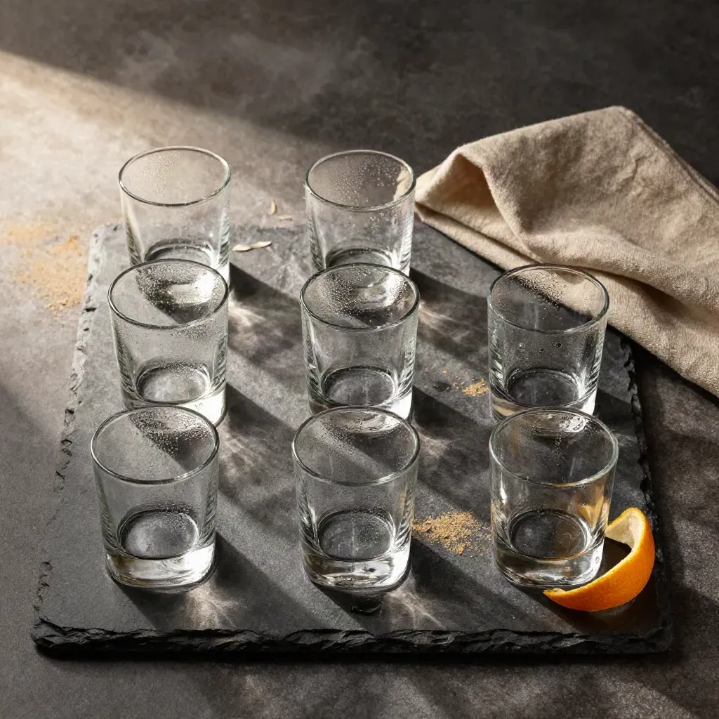 Overhead flatlay of six condensation-beaded crystal tumblers with napkin and citrus peel on dark stone.