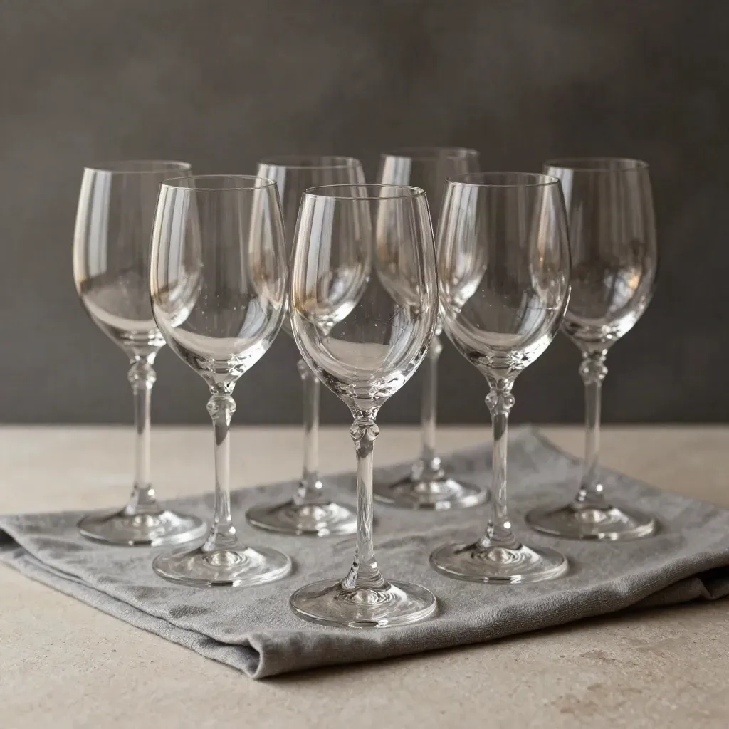 Six etched crystal wine glasses with faceted bowls on ash-grey linen, glowing in mist