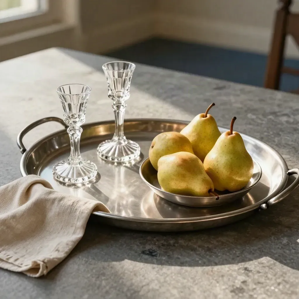 Oval serving tray with candle holders, linen runner and pears on brushed stone.