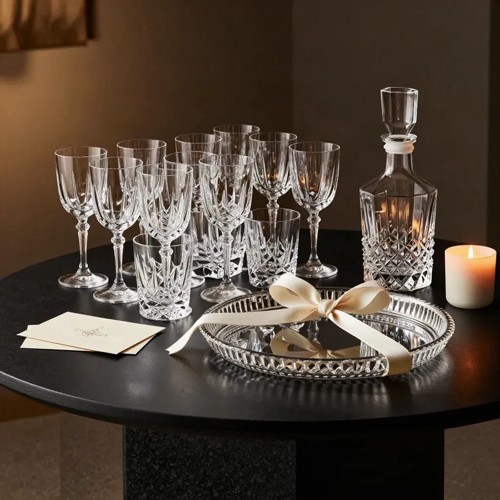 Crystal glasses, tumblers, decanter, and tray arranged as a luxe registry gift bundle.