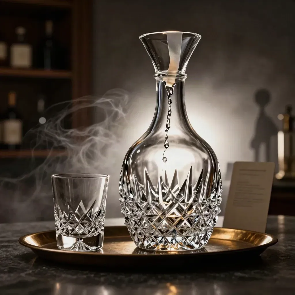 Crystal decanter and tumbler on dark stone with a glowing pour and warm rim light