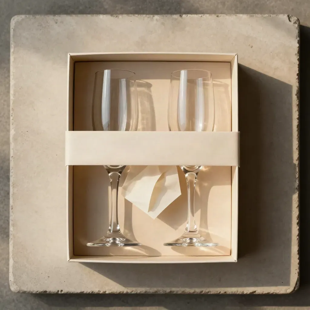Half-open crystal bridal gift box with flutes, tissue and ribbon on pale concrete.