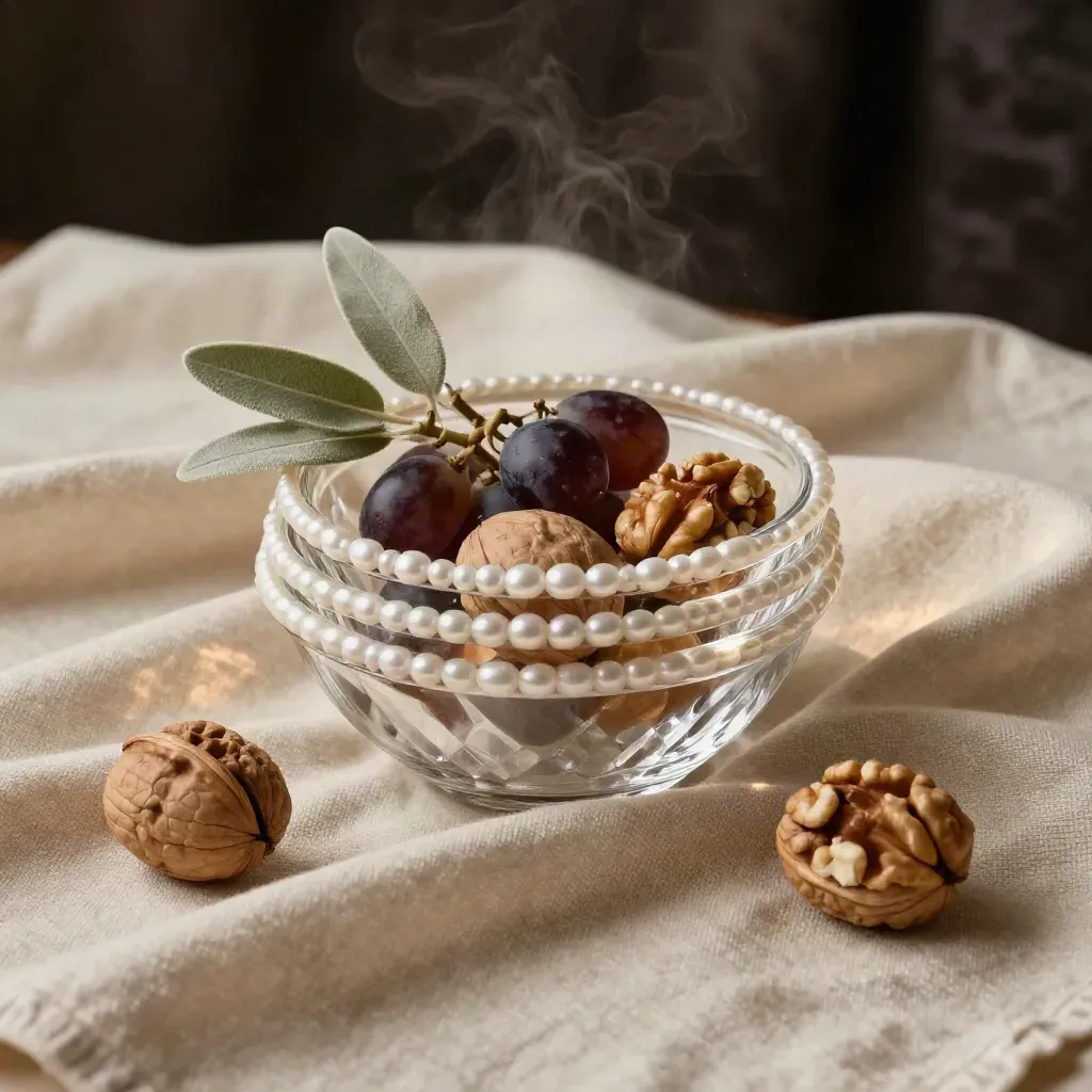 Low crystal serving bowls nestled in cream linen with walnuts, grapes, and sage greenery.