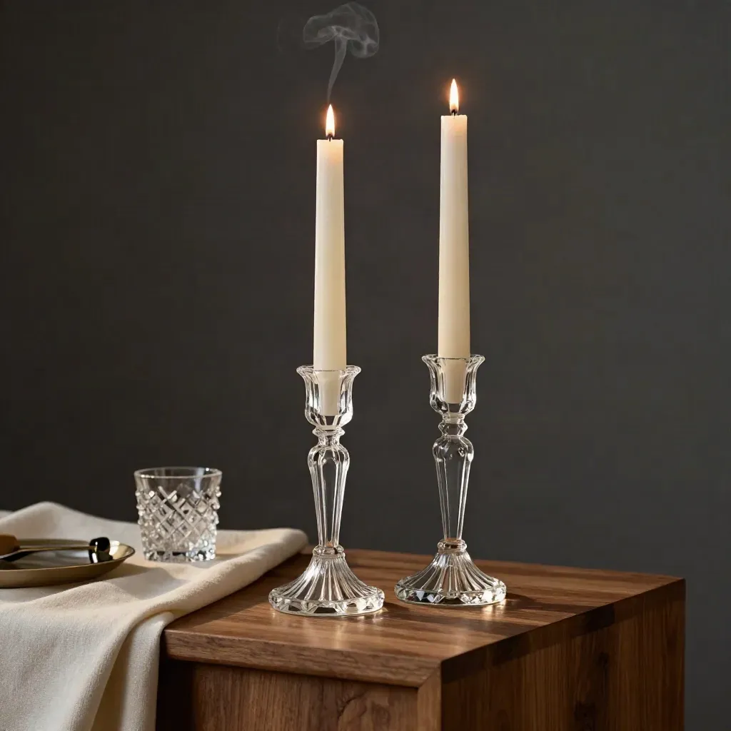 Two crystal candle holders with unlit tapers on a walnut pedestal, with linen and a small votive