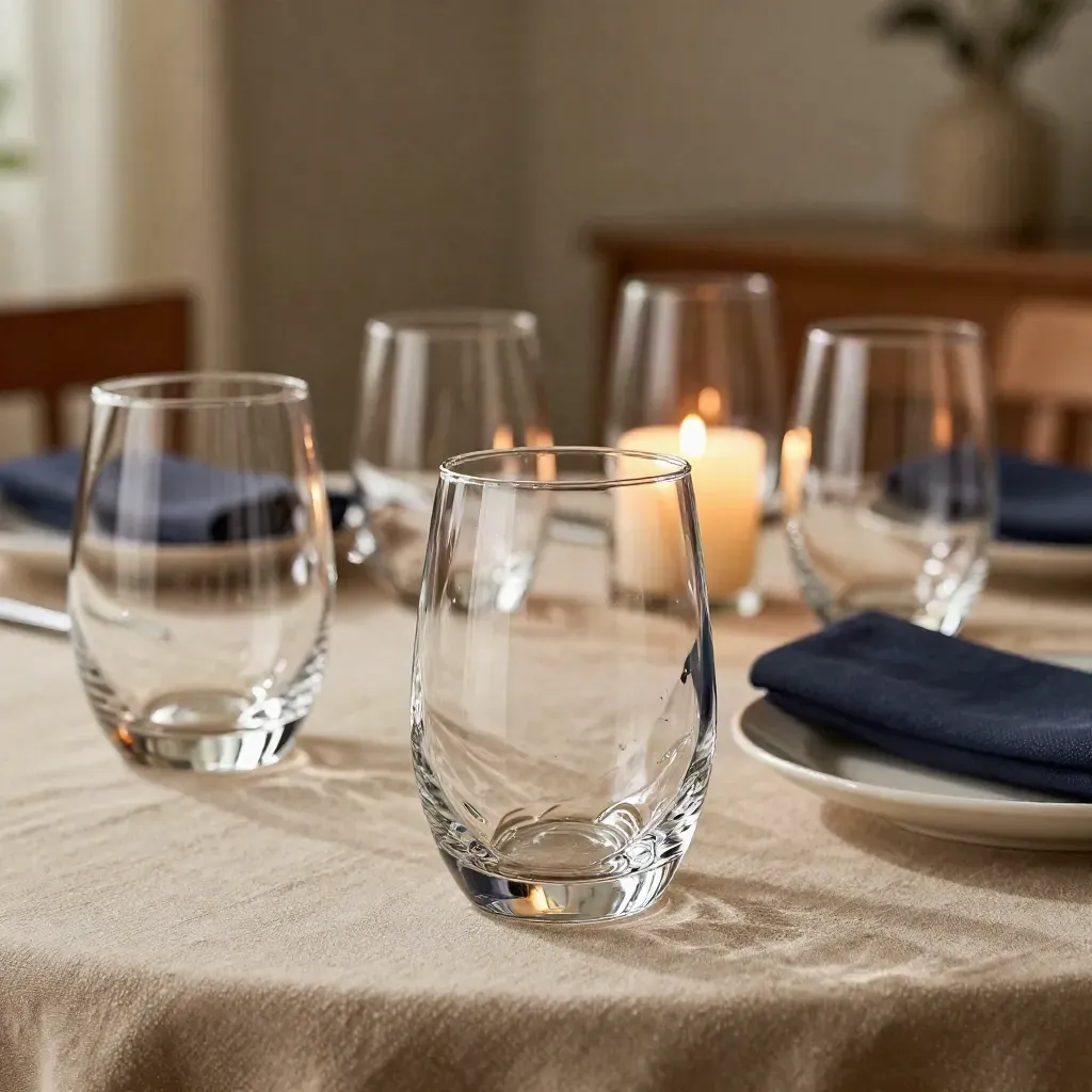 Stemless wine glasses on a linen dinner table with candlelight and a folded napkin