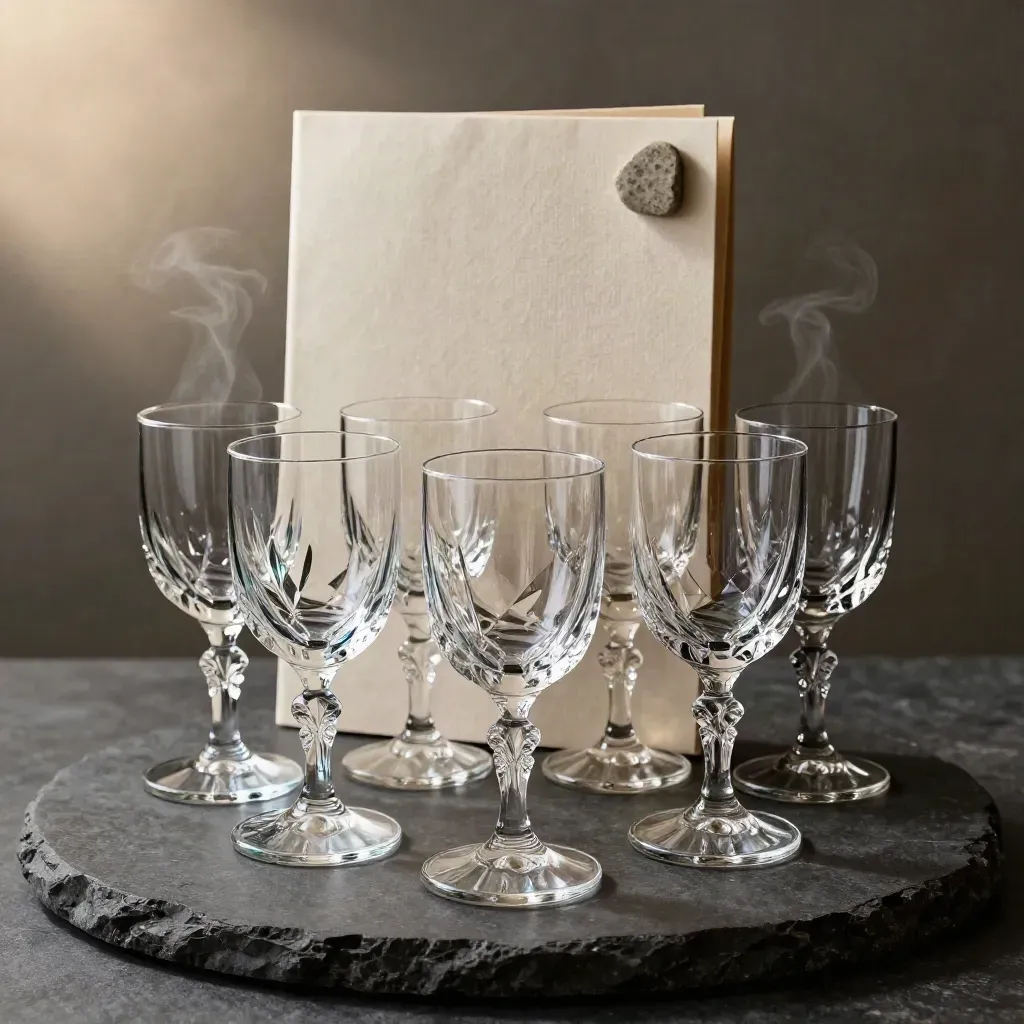 Six iridescent stemless crystal glasses bloom on dark stone with cool rim light and soft vapor.