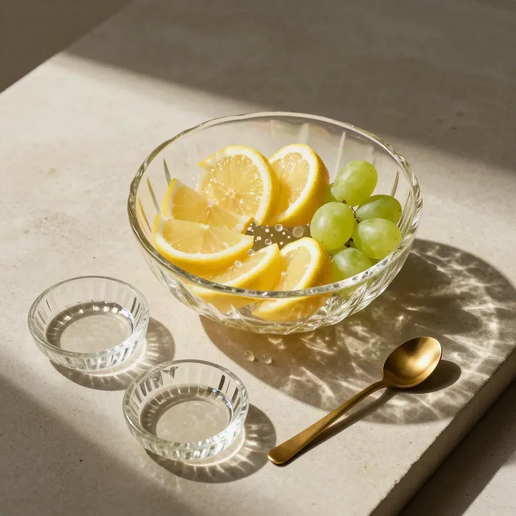 Overhead crystal serving bowl with citrus, grapes, and two small dishes on pale stone.