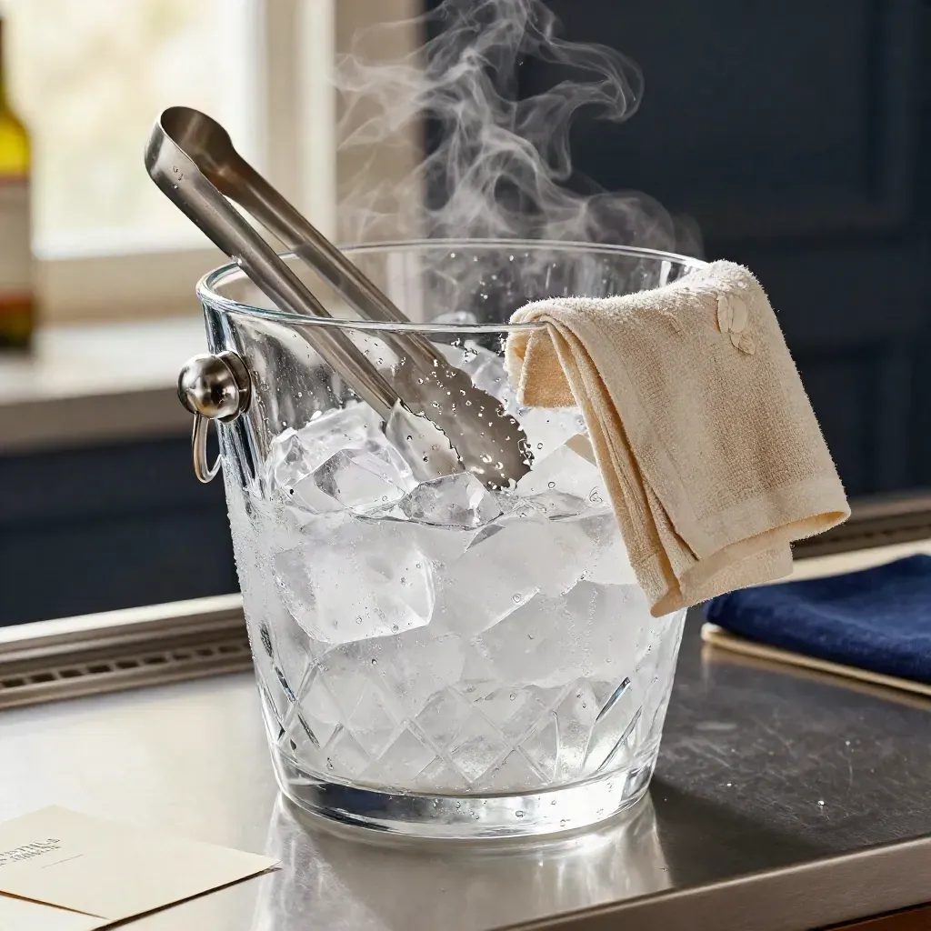 Crystal ice bucket with tongs, ice shard, and linen towel on brushed metal