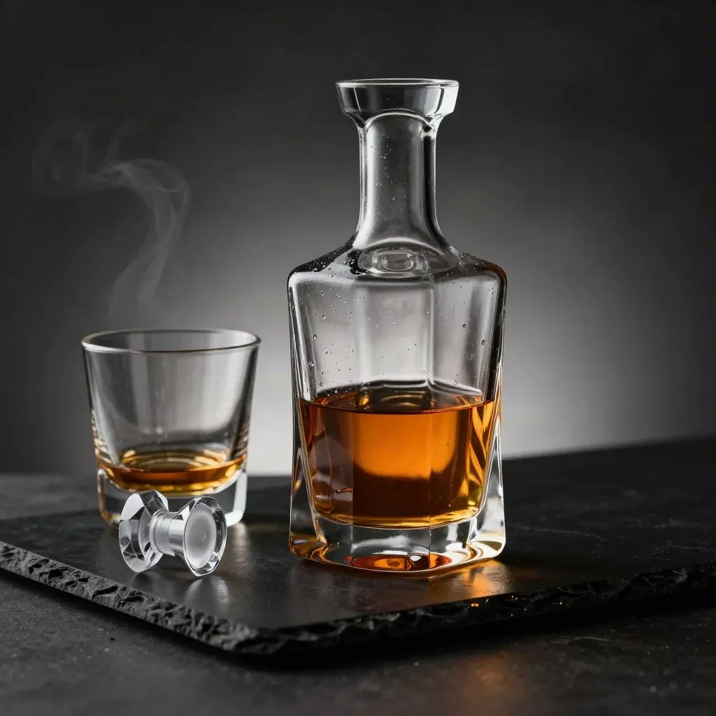 Crystal decanter with tumbler and stopper on dark stone, lit with cool rim light and amber glow
