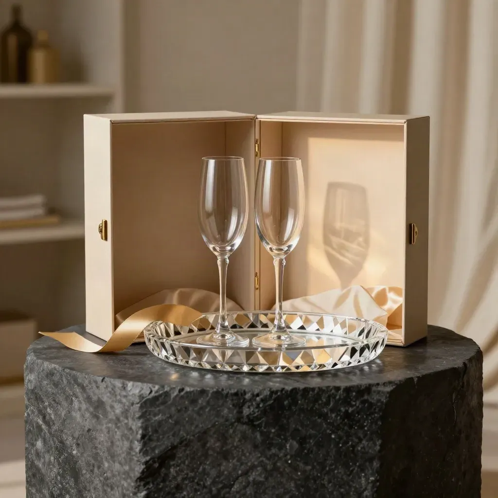 Wedding toast gift box with two coupe glasses, ribbon and crystal tray on a dark stone pedestal