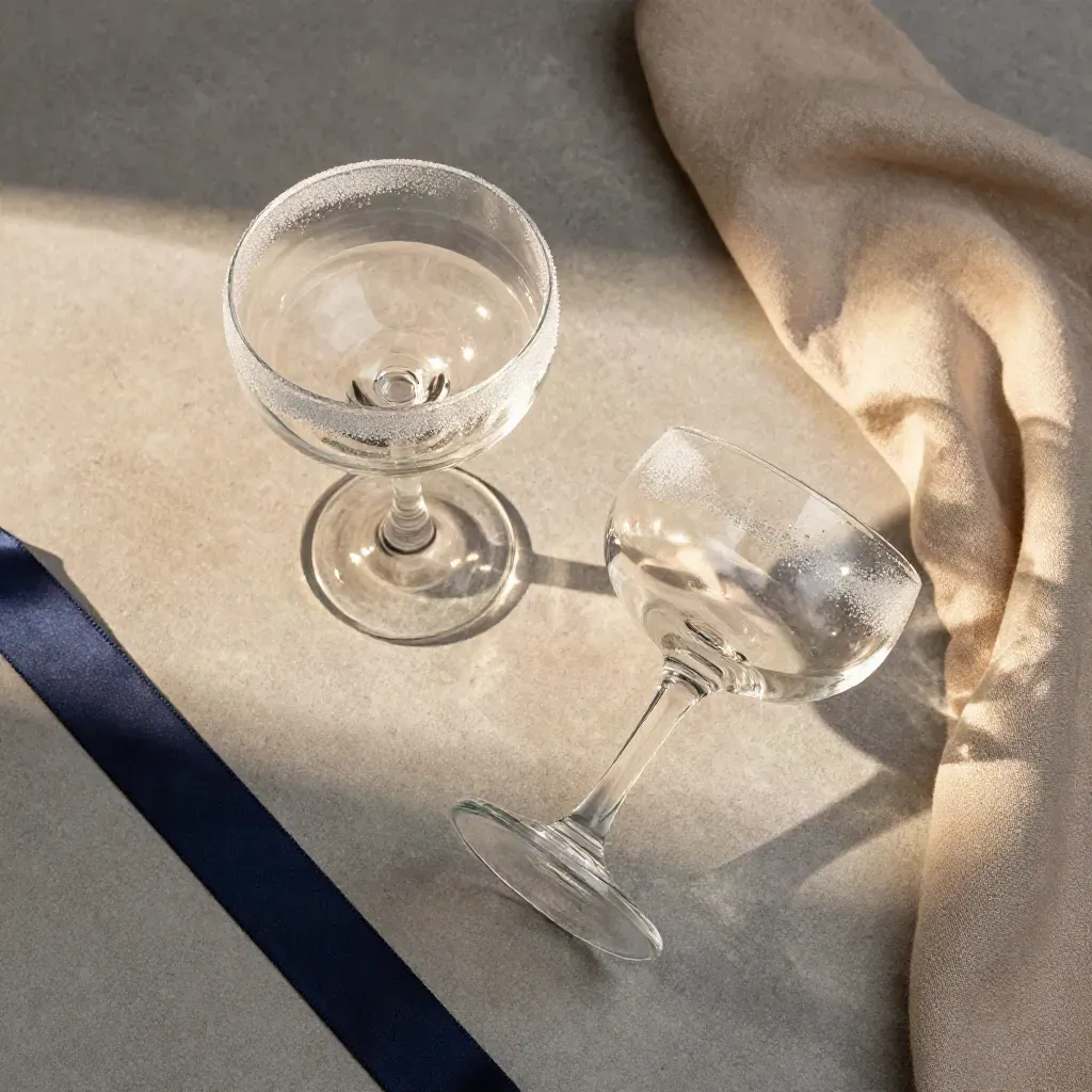 Overhead flatlay of two sugared coupe glasses, one upright and one inverted beside linen and navy ribbon.