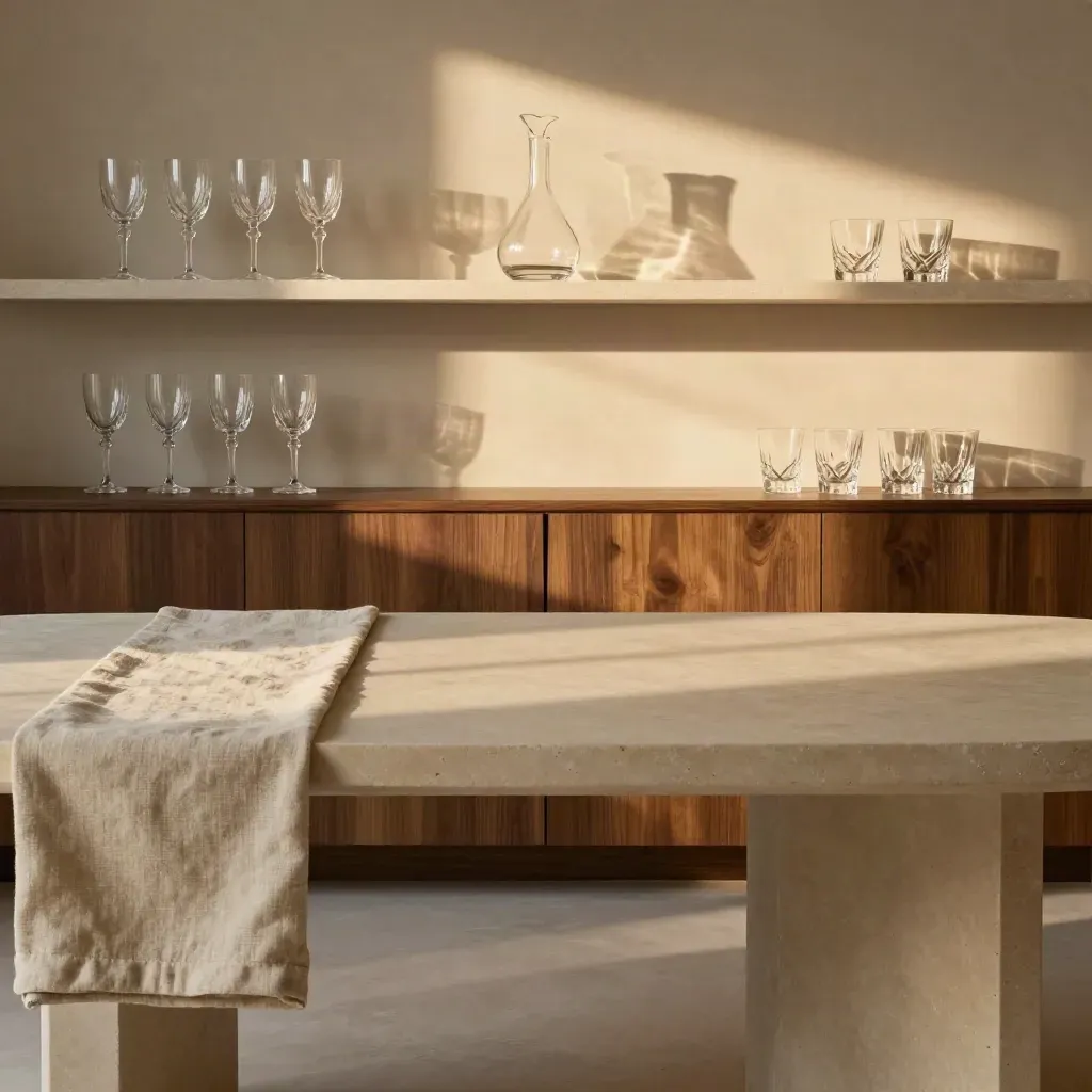 Limestone dining room with crystal wine stems on a high shelf above a quiet cream table.