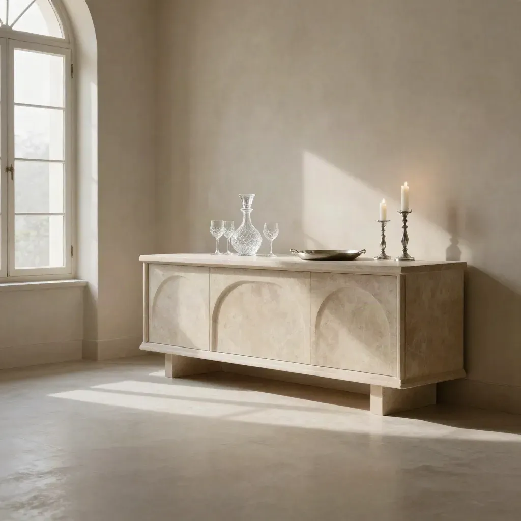 Arched stone sideboard with crystal serving pieces in a sunlit gallery room