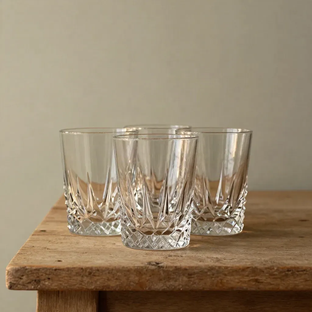 Three crystal tumblers on weathered oak beneath a pale plaster wall, lit by soft side light.