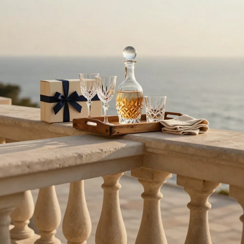 Crystal gift set on a veranda rail at golden hour above a calm hazy sea