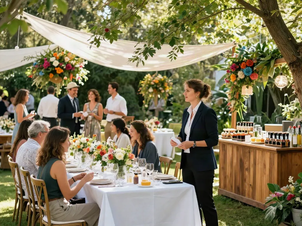 Event rental ksa: Elegant outdoor wedding setup with decorated tables and guests celebrating under a canopy.