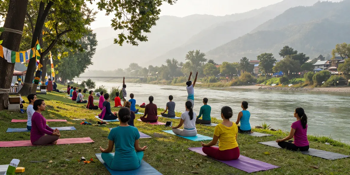 Engaging yoga instructor certification india course in Rishikesh with students practicing by the Ganges River.