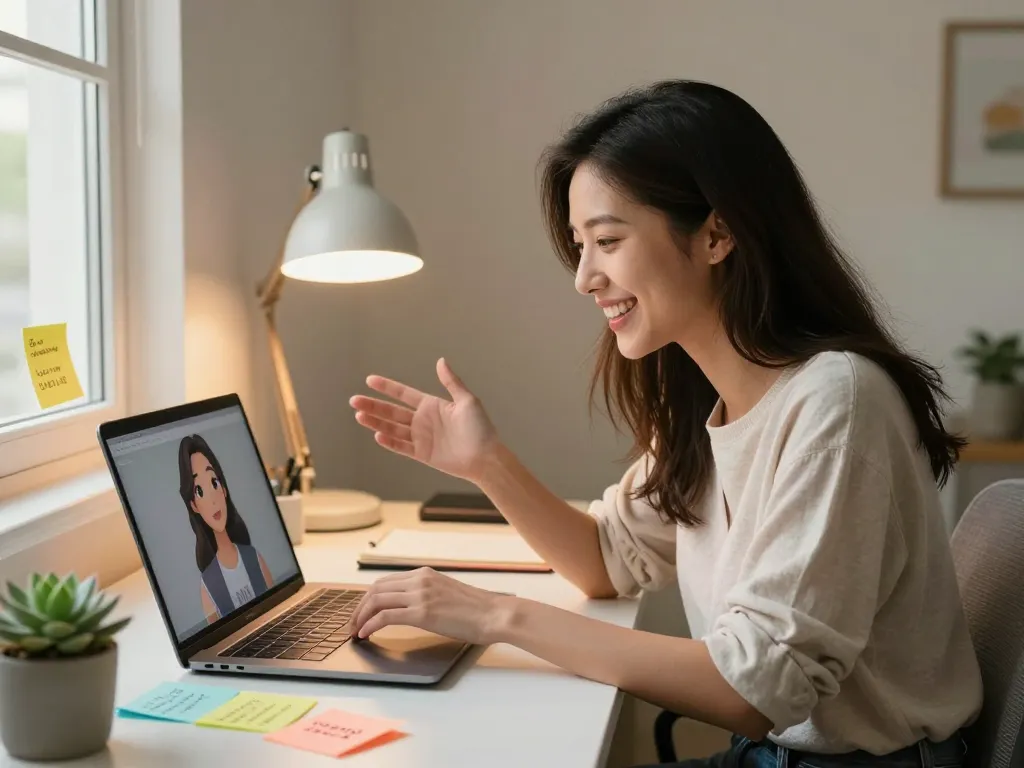 Cheerful woman interacting with her AI girlfriend on laptop in a cozy home office.