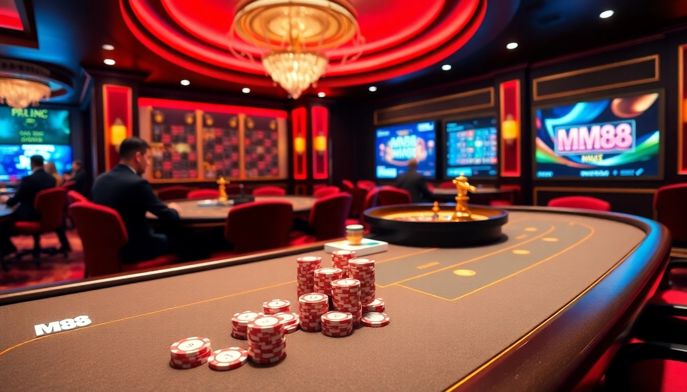 Experience the thrill of MM88 at a luxury casino with vibrant poker and roulette games.