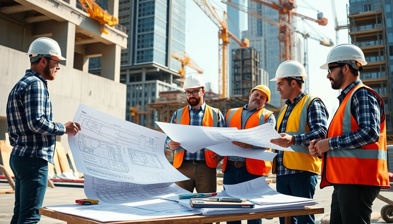Team engaged in Austin construction project, reviewing plans and tools on-site.