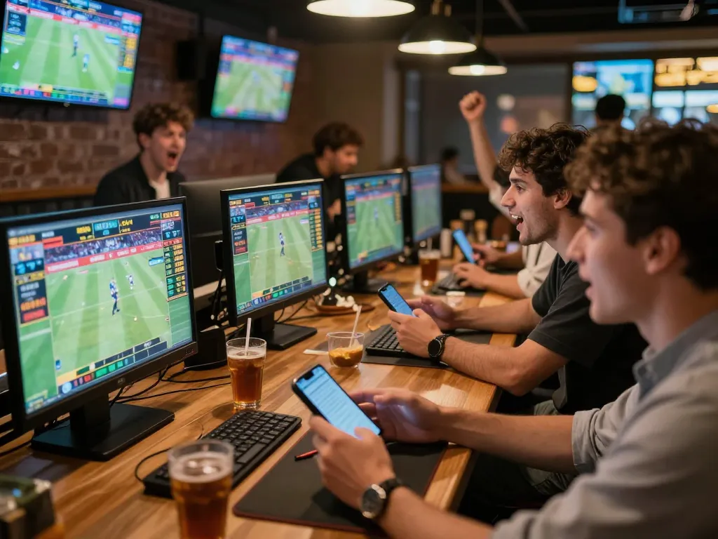 Engaged friends betting in real-time at Nhà Cái RR88 sports bar, showcasing dynamic gaming atmosphere.