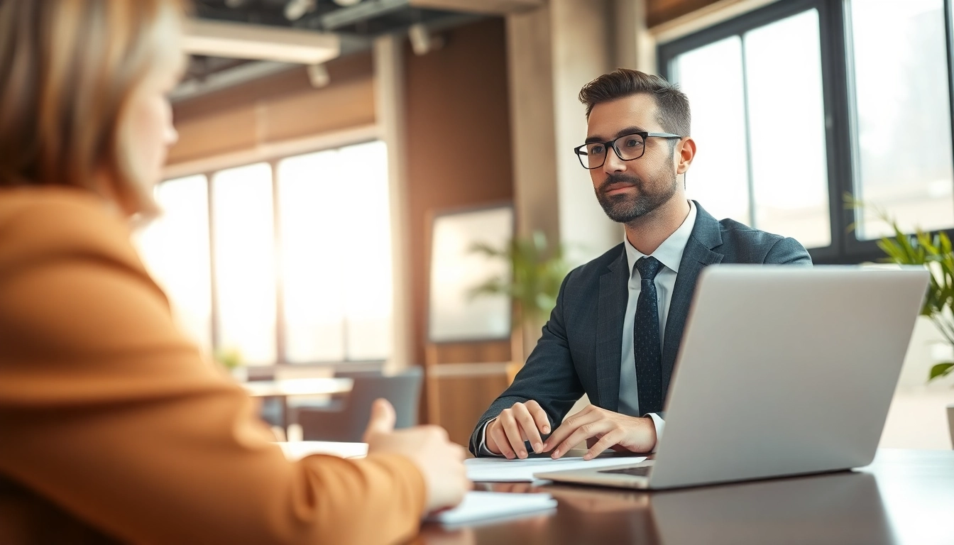 Real estate lawyer consulting with a client in a bright, professional office setting.