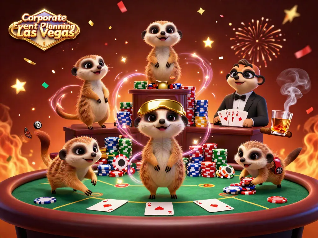 Engaging expression of Corporate Event Planning Las Vegas with vibrant casino scene featuring meerkats and poker elements.