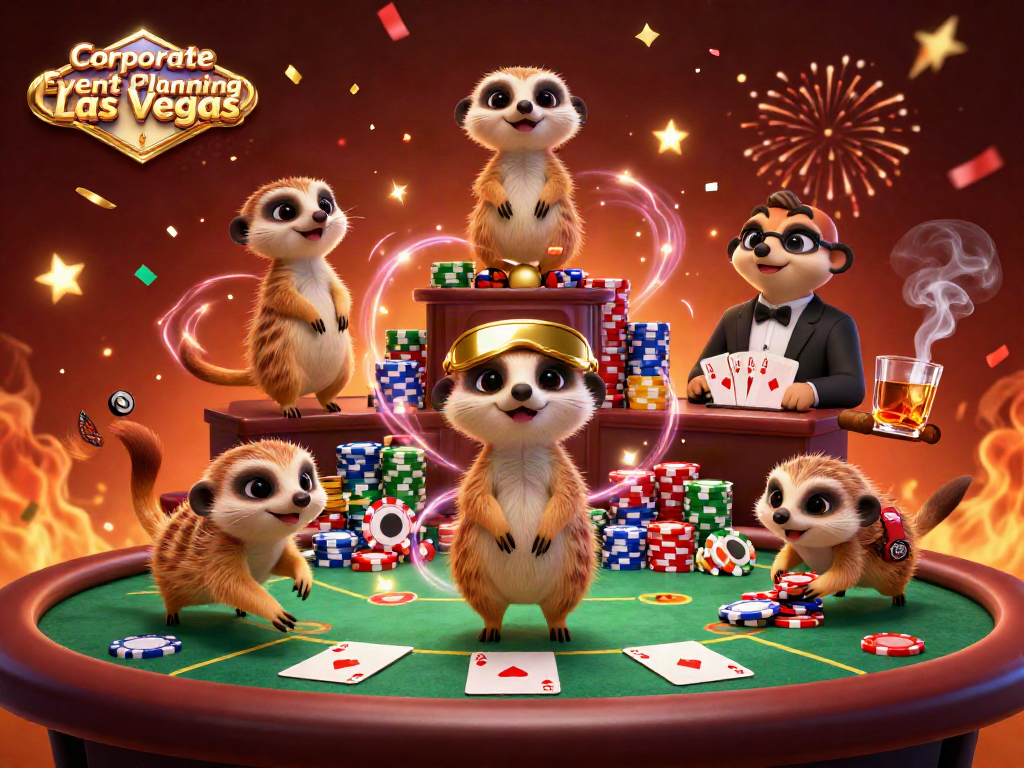 Engaging expression of Corporate Event Planning Las Vegas with vibrant casino scene featuring meerkats and poker elements.