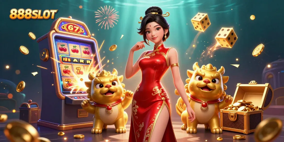 Experience the excitement of 888SLOT with a glamorous Asian woman and jackpot winning elements in a festive casino scene.