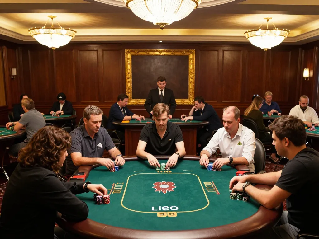 Players in an upscale poker room engaged in a game of Texas Hold'em at XX88 Casino