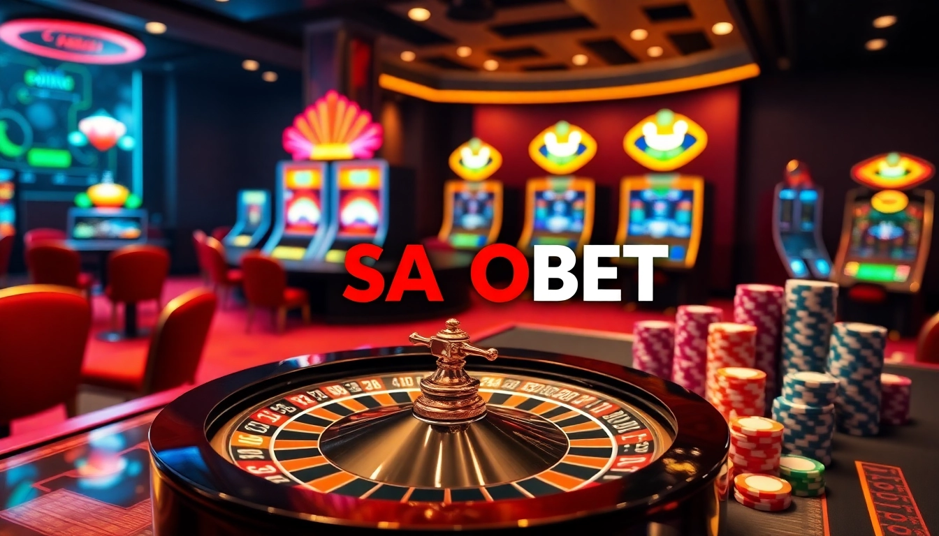 SAOBET online casino scene with vibrant roulette wheel, poker chips, and slot machines.