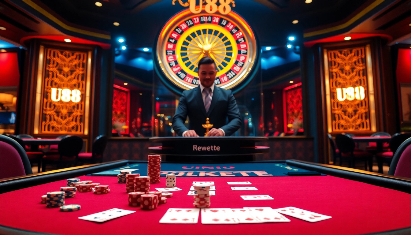 U88 casino table with poker chips and vibrant roulette wheel, creating an exciting gambling atmosphere.