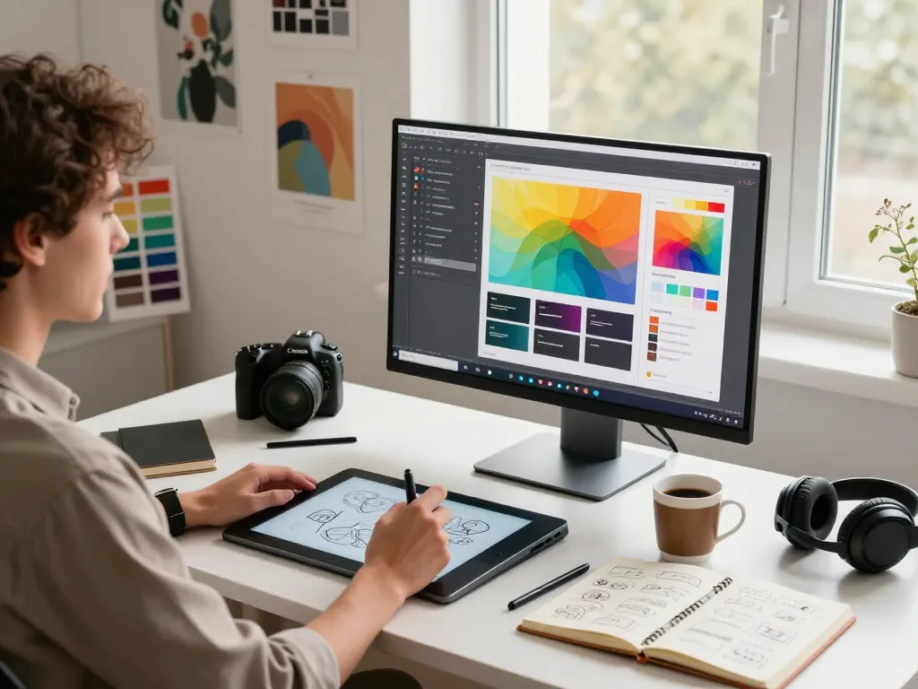 Designer using an image to prompt tool at a digital studio workspace, showcasing vibrant graphic designs.