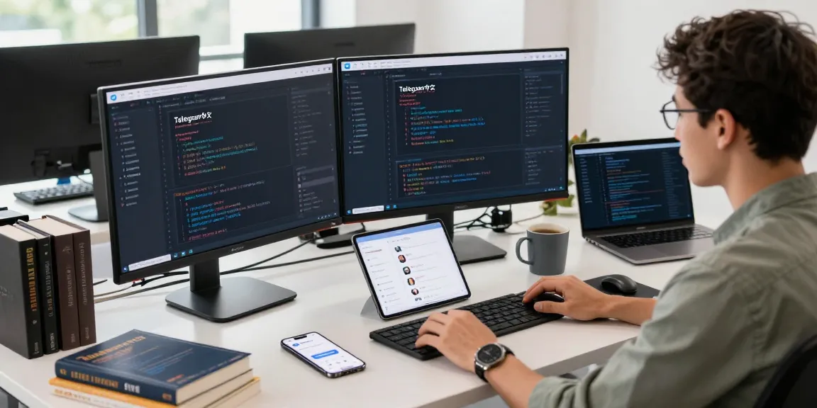 Developer adjusting telegram中文 settings on multiple screens in a modern workspace, showcasing app design.