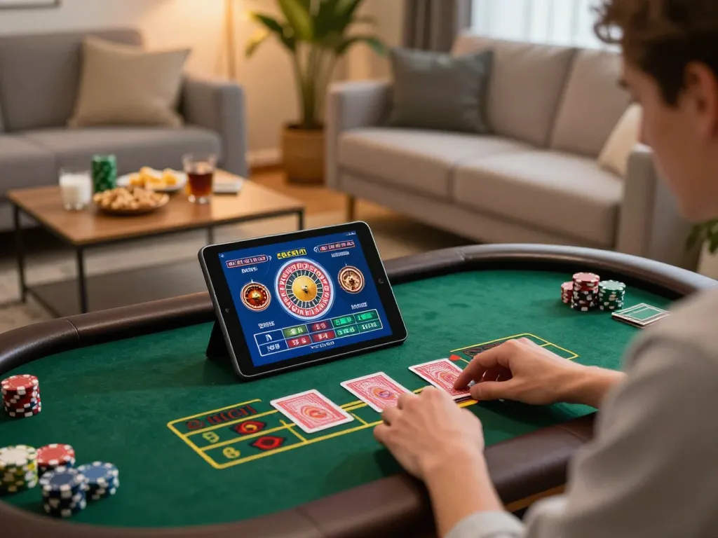 Engaged player enjoying Nhà cái GEM88's online roulette wheel on tablet in cozy living room.
