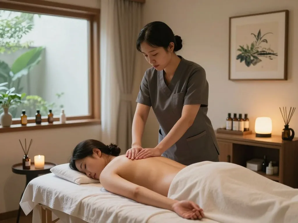 Relaxing 인계동마사지 therapy session in a serene and well-lit room with essential oils and calming decor.