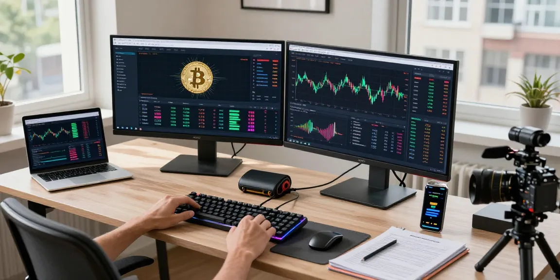 bitcoin mining website with user analyzing cryptocurrency trends on a dual-monitor trading setup