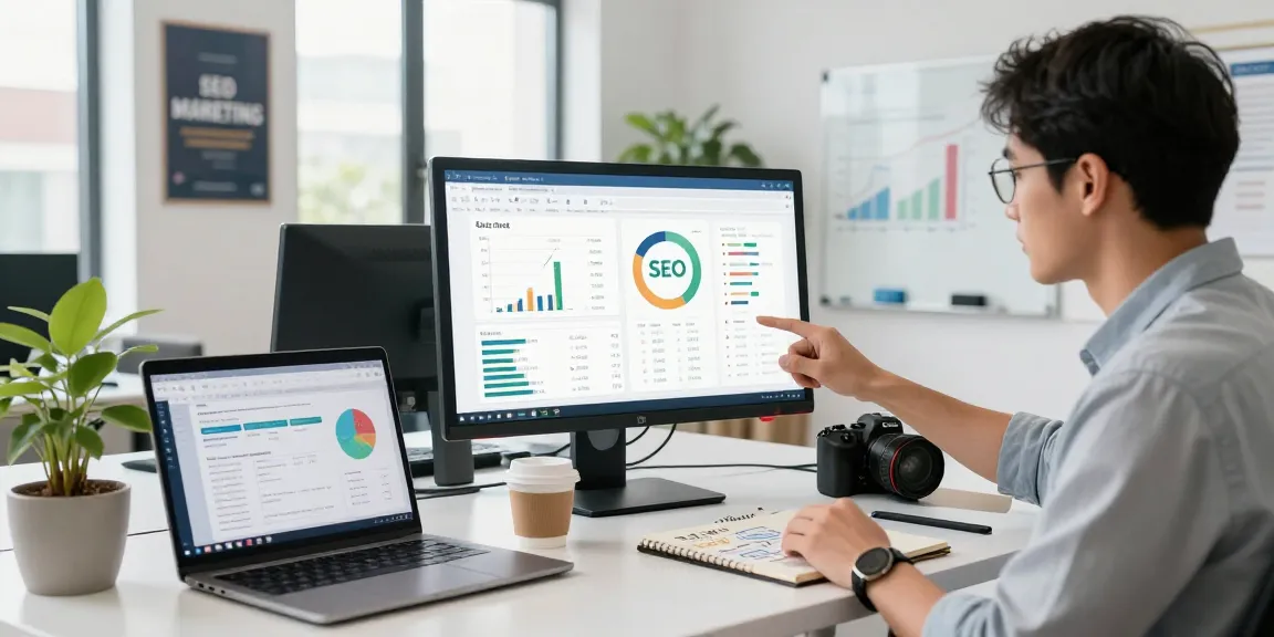 SEO backlink services strategist analyzing metrics in bright office setting.
