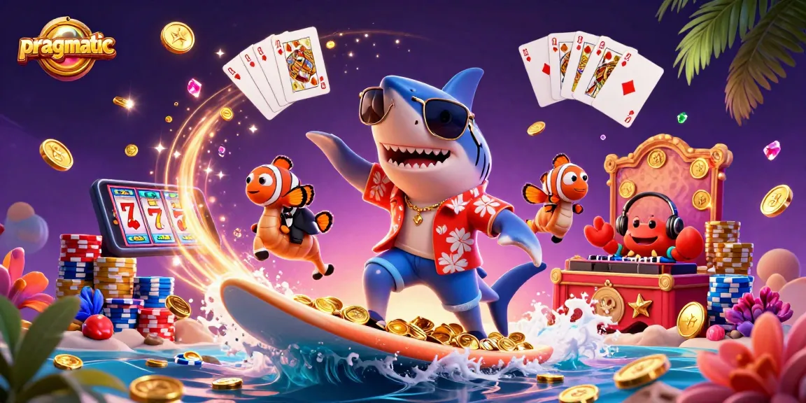 Engage with pragmatic slot excitement from a colorful seaside gambling scene featuring vibrant characters and lively casino elements.
