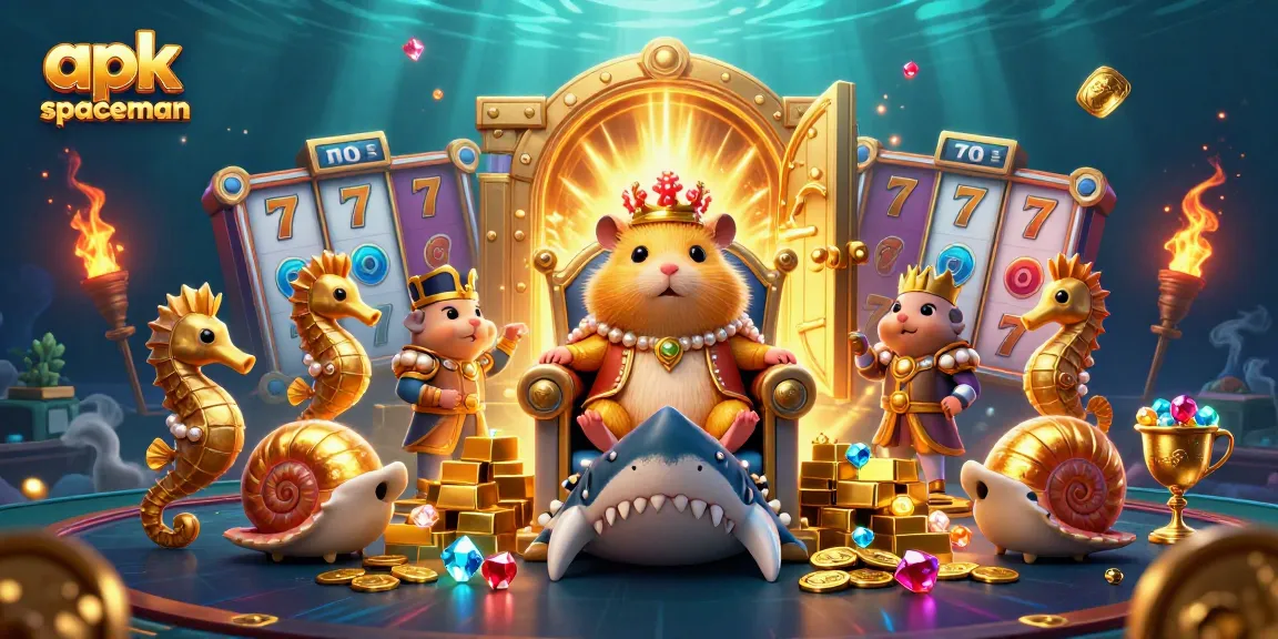 Win big in apk spaceman with a fierce hamster king amid slot game treasures and royal guards.